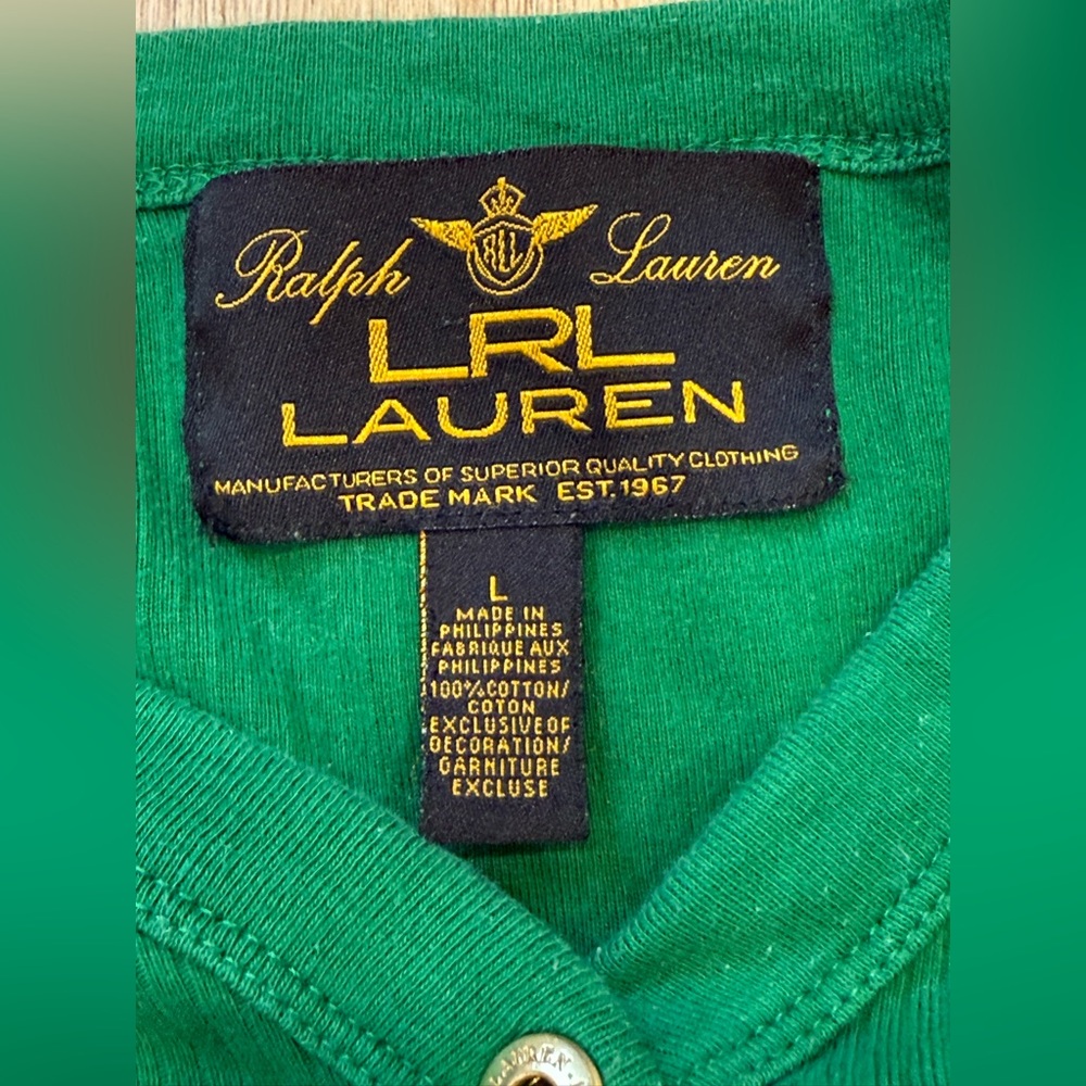 Lauren Ralph Lauren Green Ribbed Henley Top Gold Snap Buttons Size L - Picture 3 of 8